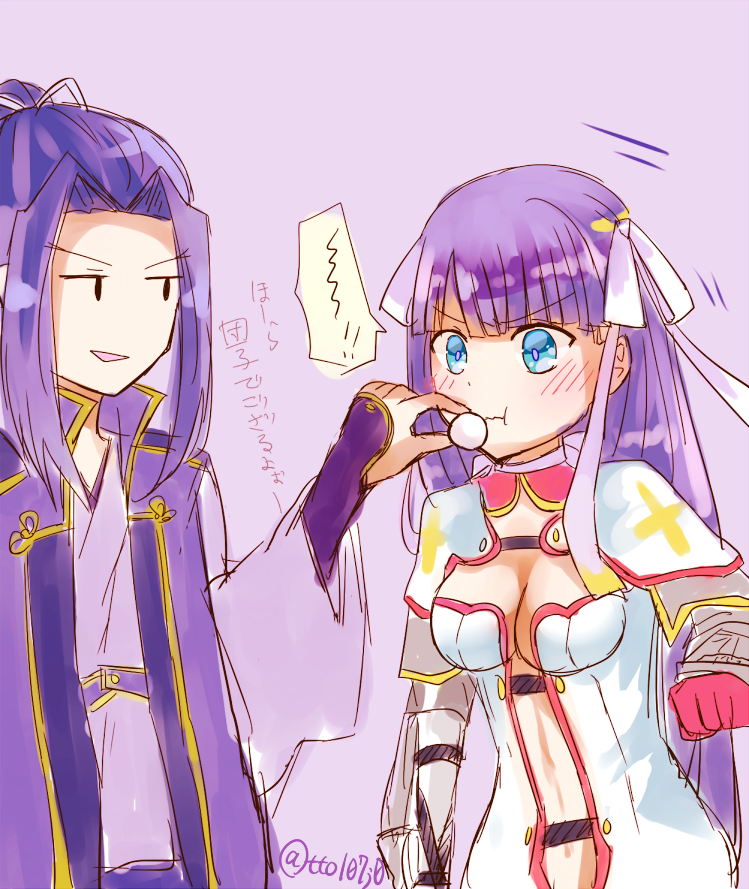 1boy 1girl blue_eyes blush breasts cleavage fate/grand_order fate_(series) hair_ribbon holding long_hair martha_(fate) purple_hair ribbon sasaki_kojirou sasaki_kojirou_(fate) sketch totte