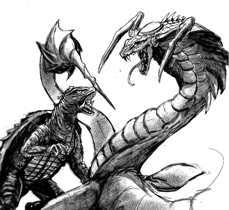 cobra_(animal) daiei_film fangs gamera gamera_(series) gamera_vs._garasharp garasharp giant giant_monster kaiju monochrome monster no_humans nyoruniru sea_monster sharp_teeth simple_background snake stinger teeth turtle tusks white_background