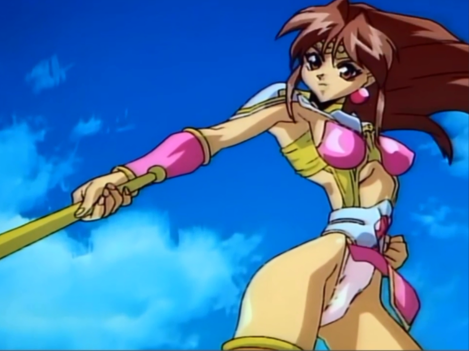 1990s_(style) 1girl armor brown_eyes brown_hair choujin_gakuen_gowcaizer forehead_protector oobari_masami panties retro_artstyle ruyi_jingu_bang shoulder_armor son_karin underwear