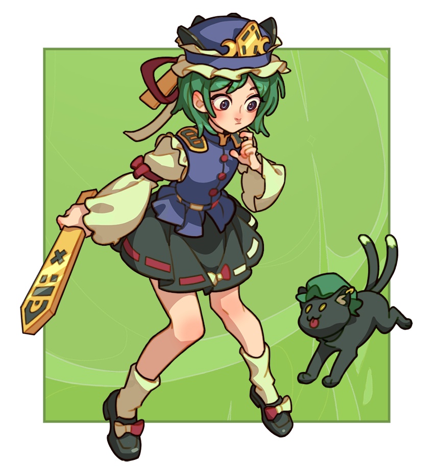 1girl animal_ear_piercing black_cat black_footwear black_skirt blue_headwear blue_vest bow buttons cat chen chen_(cat) frilled_hat frills green_hair green_headwear grey_eyes hat long_sleeves mary_janes mob_cap red_bow ribbon-trimmed_skirt ribbon_trim rod_of_remorse shiki_eiki shirt shoes short_hair skirt sleeve_bow socks soemy touhou vest white_shirt
