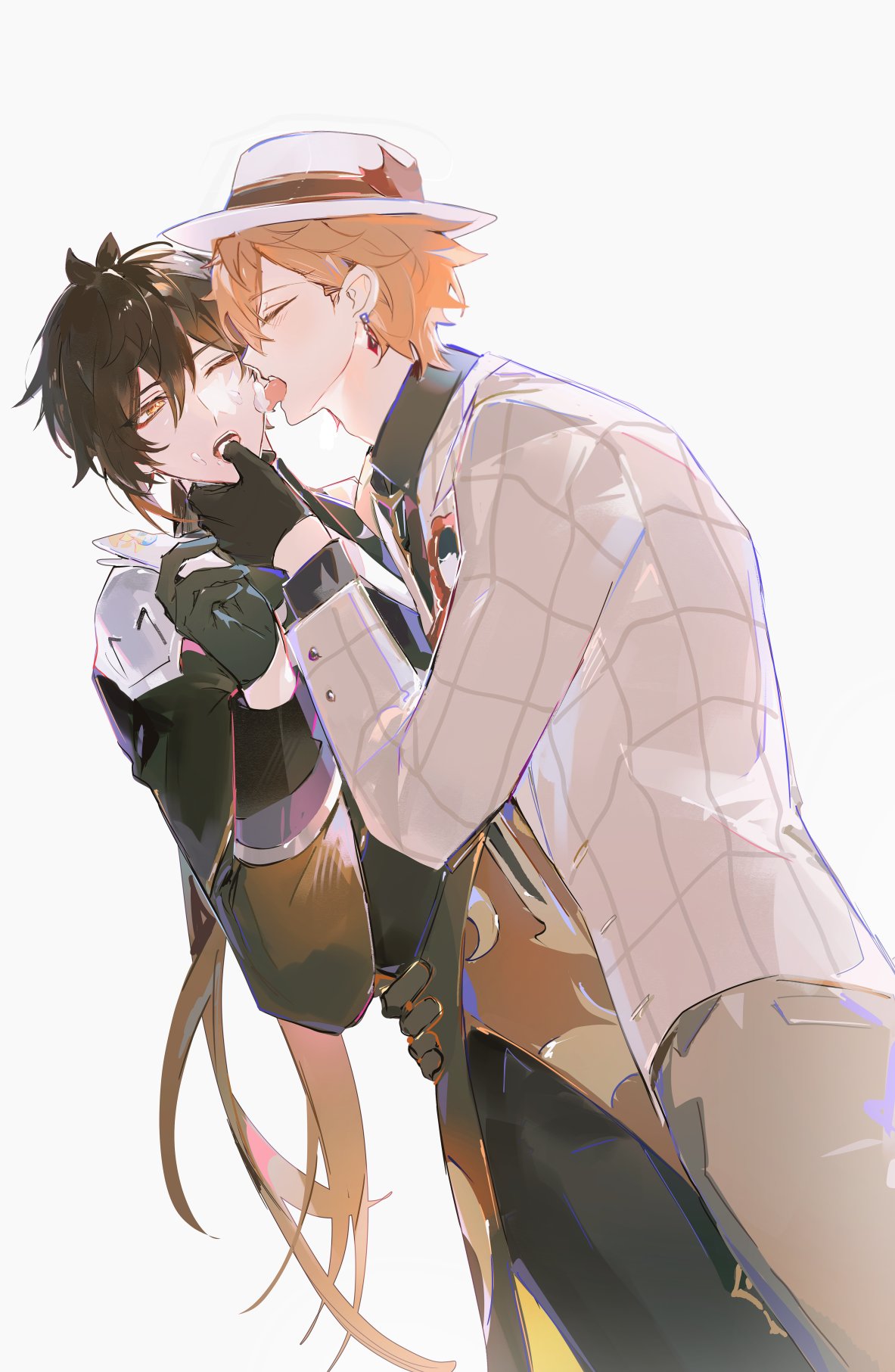 2boys alternate_costume cream cream_on_face fedora food food_on_face genshin_impact hamtaru542899 hand_on_another's_waist hat highres licking_another's_cheek licking_another's_face mors_gn multiple_boys one_eye_closed tartaglia_(genshin_impact) thumb_to_mouth twitter white_background yaoi zhongli_(genshin_impact)