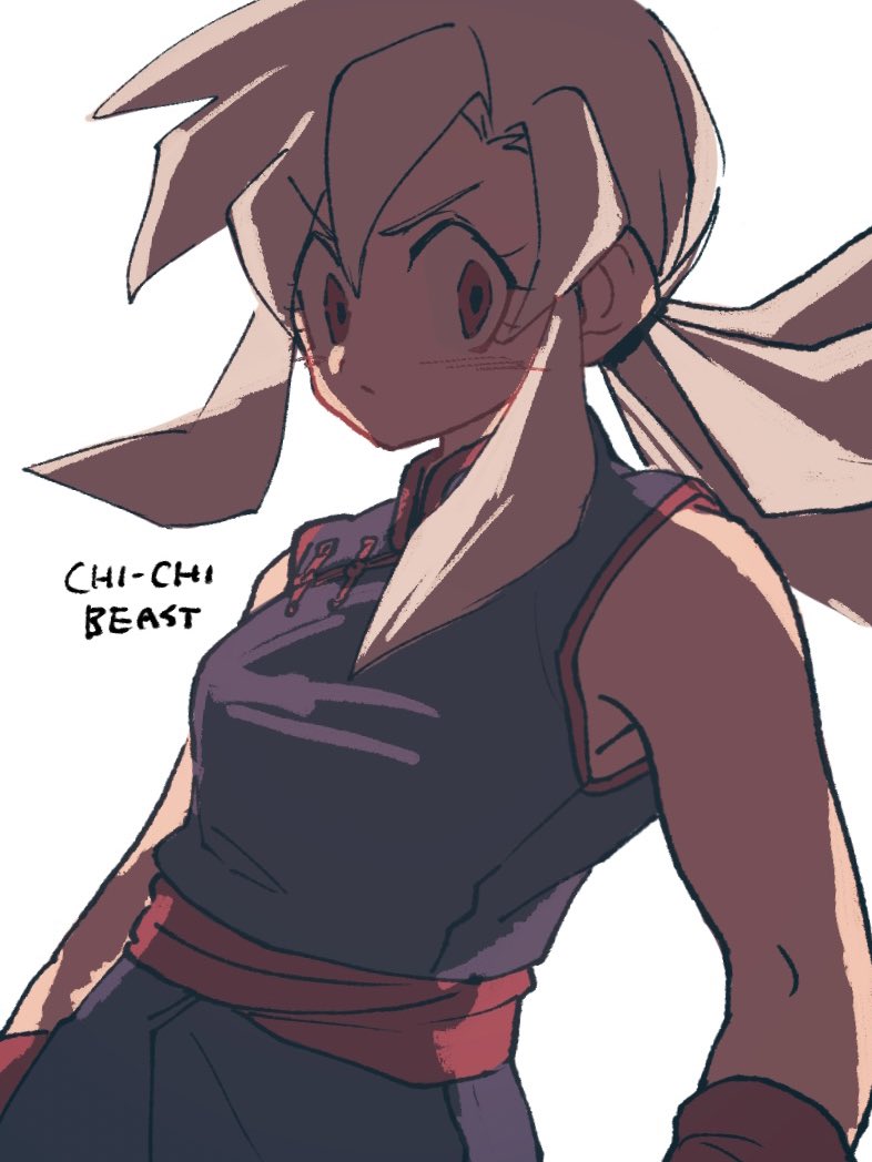 1girl alternate_eye_color alternate_hair_color breasts chi-chi_(dragon_ball) chinese_clothes commentary_request cosplay dragon_ball dragon_ball_(classic) dragon_ball_super dragon_ball_super_super_hero gohan_beast grey_hair medium_breasts ponytail red_eyes roku_(roku_0141) serious sidelocks solo v-shaped_eyebrows wristband