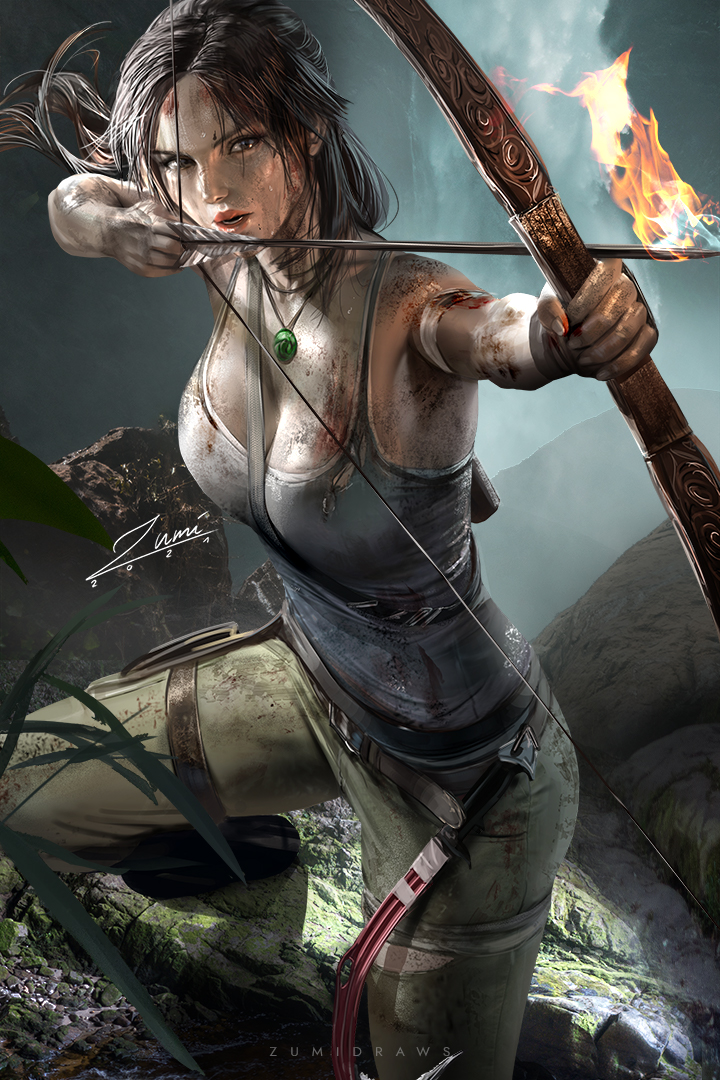 1girl aiming archery between_breasts bow_(weapon) breasts brown_hair cleavage dirty dirty_clothes dirty_face flaming_arrow holster jewelry lara_croft lips medium_breasts parted_lips pendant ponytail solo strap_between_breasts sweat tank_top thigh_holster tomb_raider tomb_raider_(reboot) weapon zumi_(zumidraws)