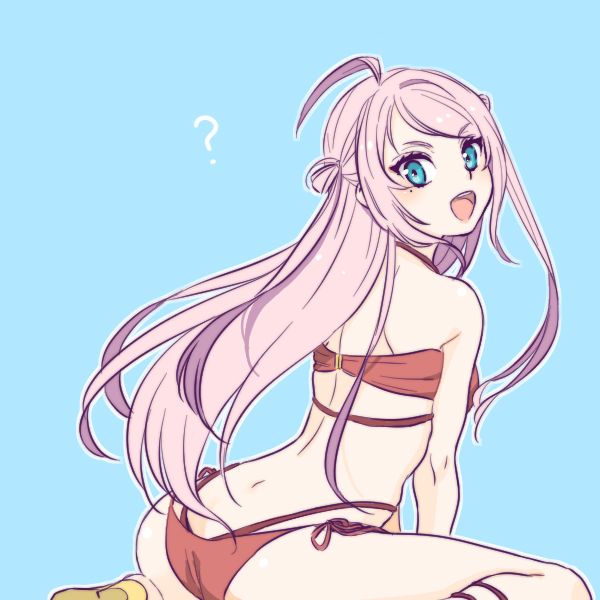 1girl ? ahoge arm_support ass bikini blue_background blue_eyes butt_crack commentary_request eyelashes layered_bikini legs long_hair looking_at_viewer looking_back love_live! love_live!_nijigasaki_high_school_idol_club mole mole_under_eye open_mouth pink_hair red_bikini scapular shinanoya_(satanicad) shoes side-tie_bikini_bottom sidelocks sitting solo swimsuit thighs upper_body v-shaped_eyebrows wariza yellow_shoes zhong_lanzhu