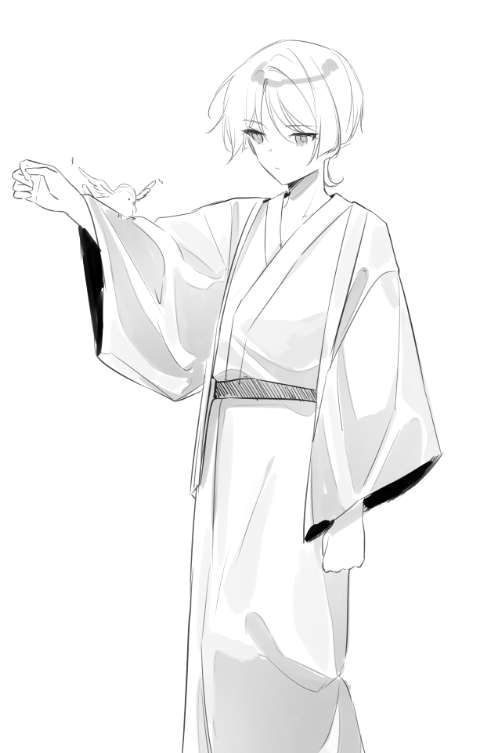 1boy alternate_costume animal_on_arm arm_at_side bird bird_on_arm blunt_ends clenched_hand closed_mouth collarbone curled_fingers expressionless finch genshin_impact greyscale hand_up haori japanese_clothes kimono long_sleeves looking_at_animal male_focus monochrome san_bgb sash scaramouche_(genshin_impact) solo upper_body wide_sleeves wispy_bangs