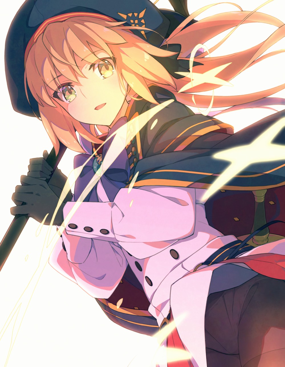 1girl artoria_caster_(fate) artoria_caster_(second_ascension)_(fate) artoria_pendragon_(fate) belt beret black_bow black_gloves blue_belt blue_cloak blue_hat bow cloak collar collared_shirt fate/grand_order fate_(series) gem gloves gold_trim green_eyes green_gemstone hair_between_eyes hair_bow hat highres holding long_hair long_sleeves multicolored_cloak open_mouth purple_bow saipaco shirt skirt solo sword twintails weapon white_shirt white_skirt