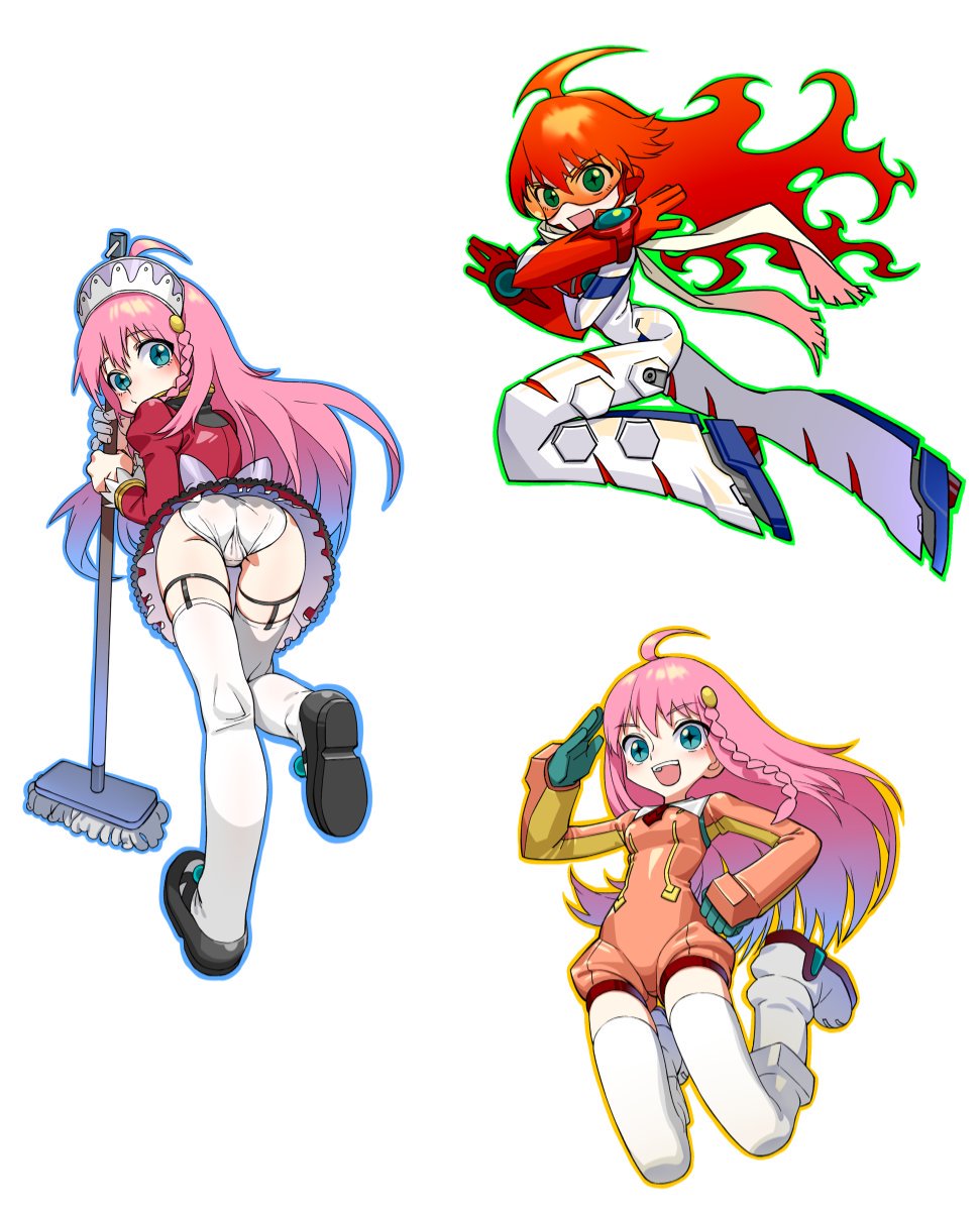 +_+ 1girl ahoge aqua_eyes ass black_footwear blush bodysuit braid broom dress fiery_hair full_body garter_straps highres holding holding_broom jumpsuit long_hair long_sleeves looking_back maid multiple_views nono_(top_wo_nerae_2!) open_mouth panties pink_hair red_dress red_hair redauto scarf side_braid simple_background smile thighhighs tinted_eyewear top_wo_nerae! top_wo_nerae!_(series) top_wo_nerae_2! underwear white_background white_bodysuit white_panties white_thighhighs