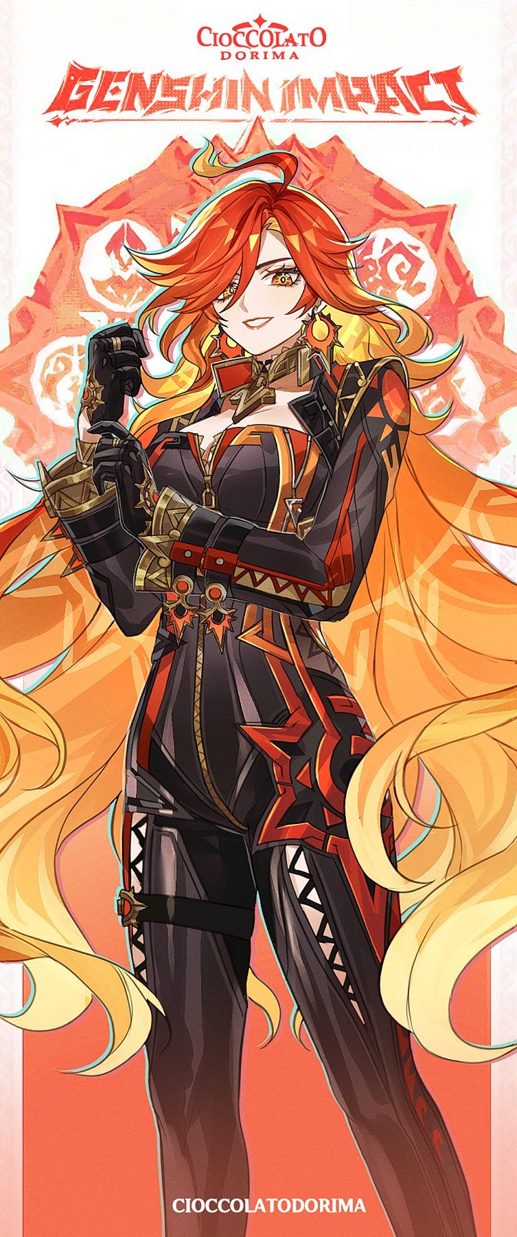 1girl ahoge black_bodysuit black_gloves bodysuit cioccolatodorima earrings feet_out_of_frame genshin_impact gloves grin hand_up highres jewelry long_hair long_sleeves looking_at_viewer mavuika_(genshin_impact) orange_eyes orange_hair smile solo standing very_long_hair