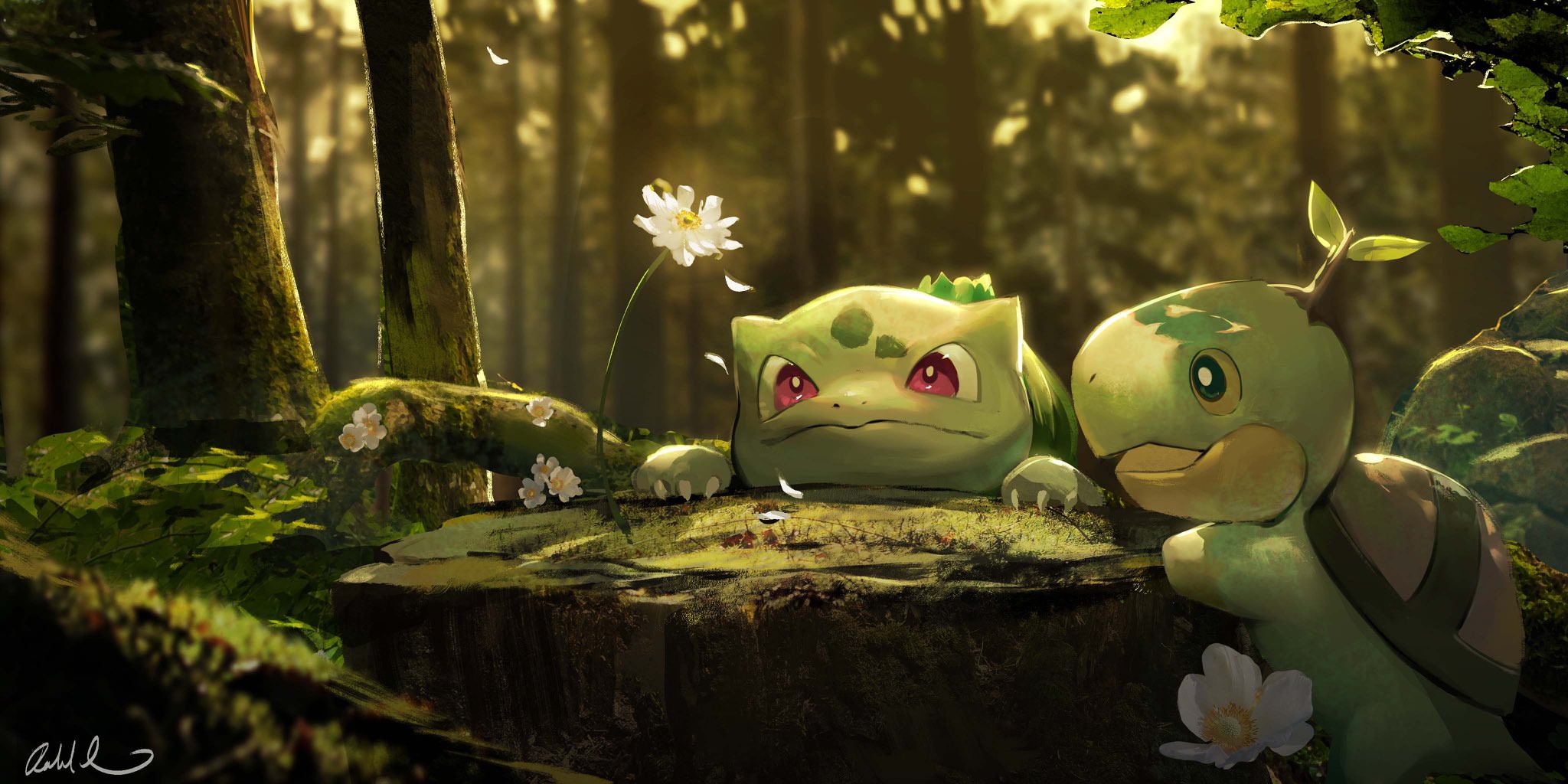 bulbasaur flower forest game_freak gen_1_pokemon gen_4_pokemon highres looking_at_flowers nature nintendo no_humans outdoors pokemon pokemon_(creature) rat_chuuu red_eyes tree_stump turtwig white_flower