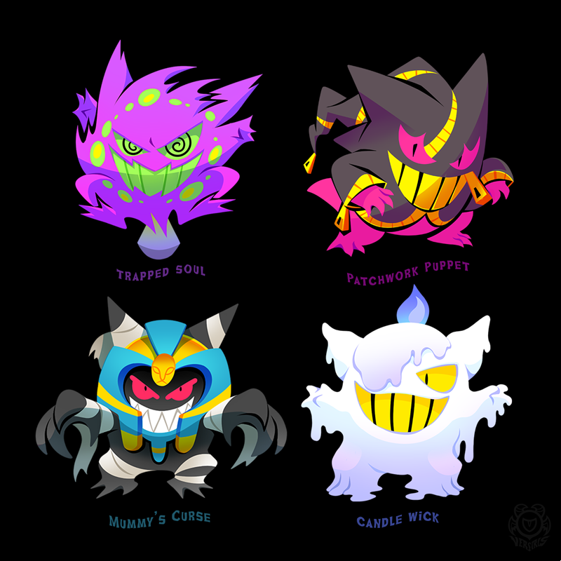 @_@ artist_logo artist_name bandages banette black_background black_eyes candle_wax cofagrigus colored_sclera commentary english_commentary english_text fire gen_1_pokemon gen_3_pokemon gen_4_pokemon gen_5_pokemon gengar ghost green_sclera grin litwick logo looking_at_viewer mega_banette mega_pokemon multiple_fusions nintendo no_humans pokemon pokemon_(creature) pokemon_focus purple_fire red_sclera simple_background slit_pupils smile spiritomb teeth versiris yellow_sclera zipper