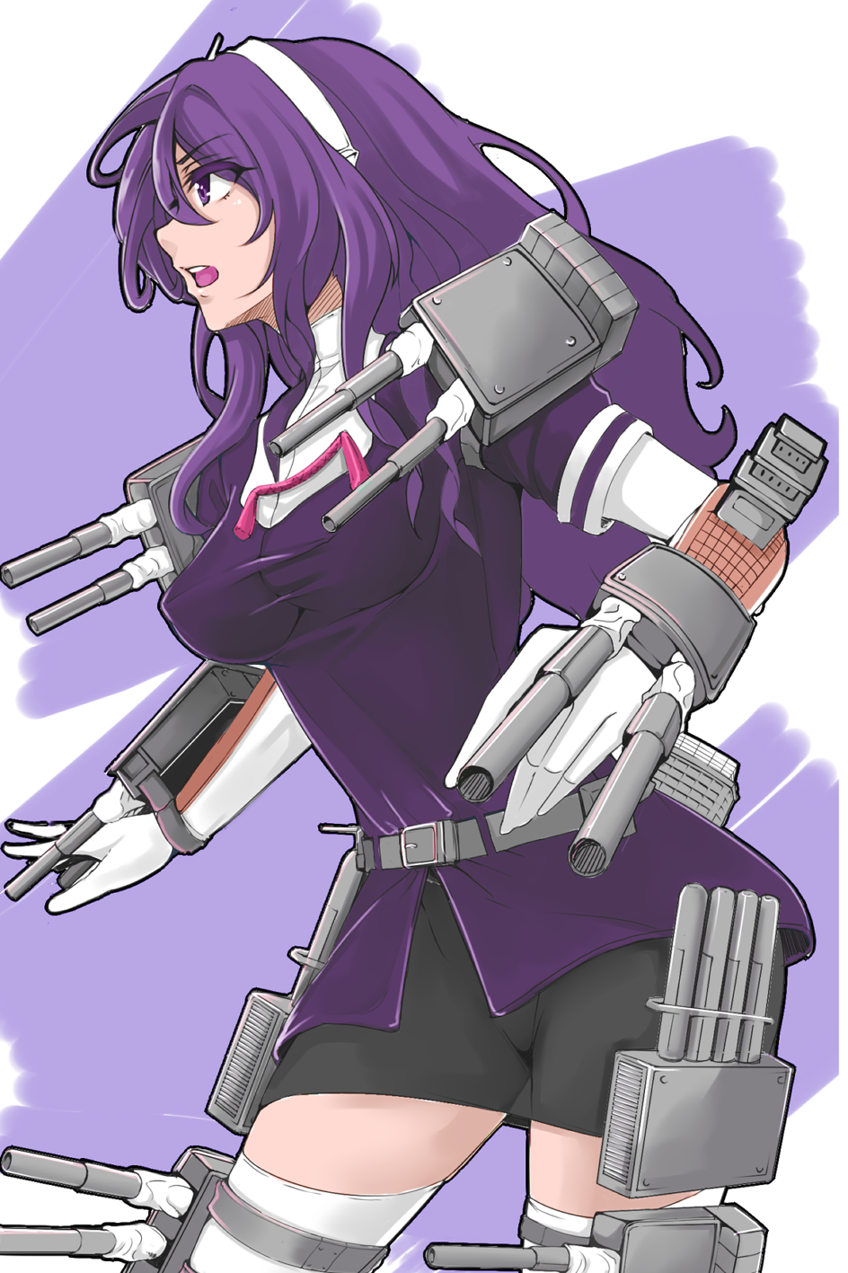 10s 1girl alternate_legwear ashigara_(kancolle) belt cannon dress elbow_gloves female_focus gloves hairband highres kantai_collection long_hair mecha_musume open_mouth personification profile purple_eyes purple_hair reki_(dezuko) skirt solo tassel thighhighs