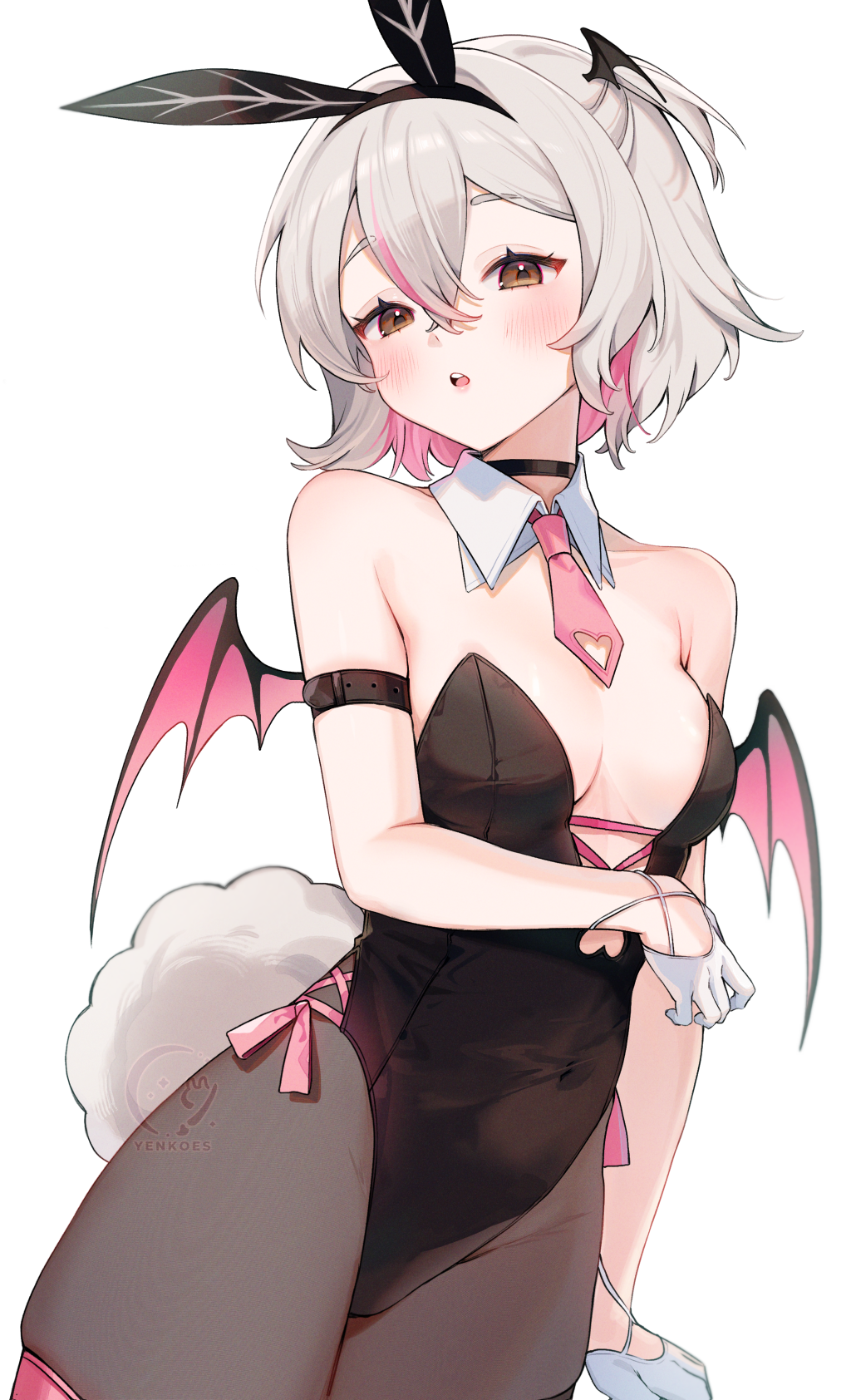 1girl :o animal_ears black_choker black_leotard blush breasts brown_eyes choker demon_wings detached_collar fake_animal_ears gloves grey_hair highres indie_virtual_youtuber leotard medium_breasts multicolored_hair necktie pantyhose parted_lips pink_hair pink_necktie playboy_bunny rabbit_ears solo standing streaked_hair virtual_youtuber white_gloves wings yenko_(vtuber) yenkoes