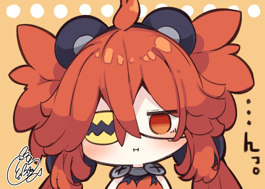 1girl :i ahoge animal_ears bear_ears beni_shake black_hairband blush brown_background chibi closed_mouth commentary_request empty_eyes fake_animal_ears hair_between_eyes hairband koleda_belobog long_hair looking_at_viewer red_eyes red_hair signature simple_background sleeveless solo translation_request twintails upper_body zenless_zone_zero