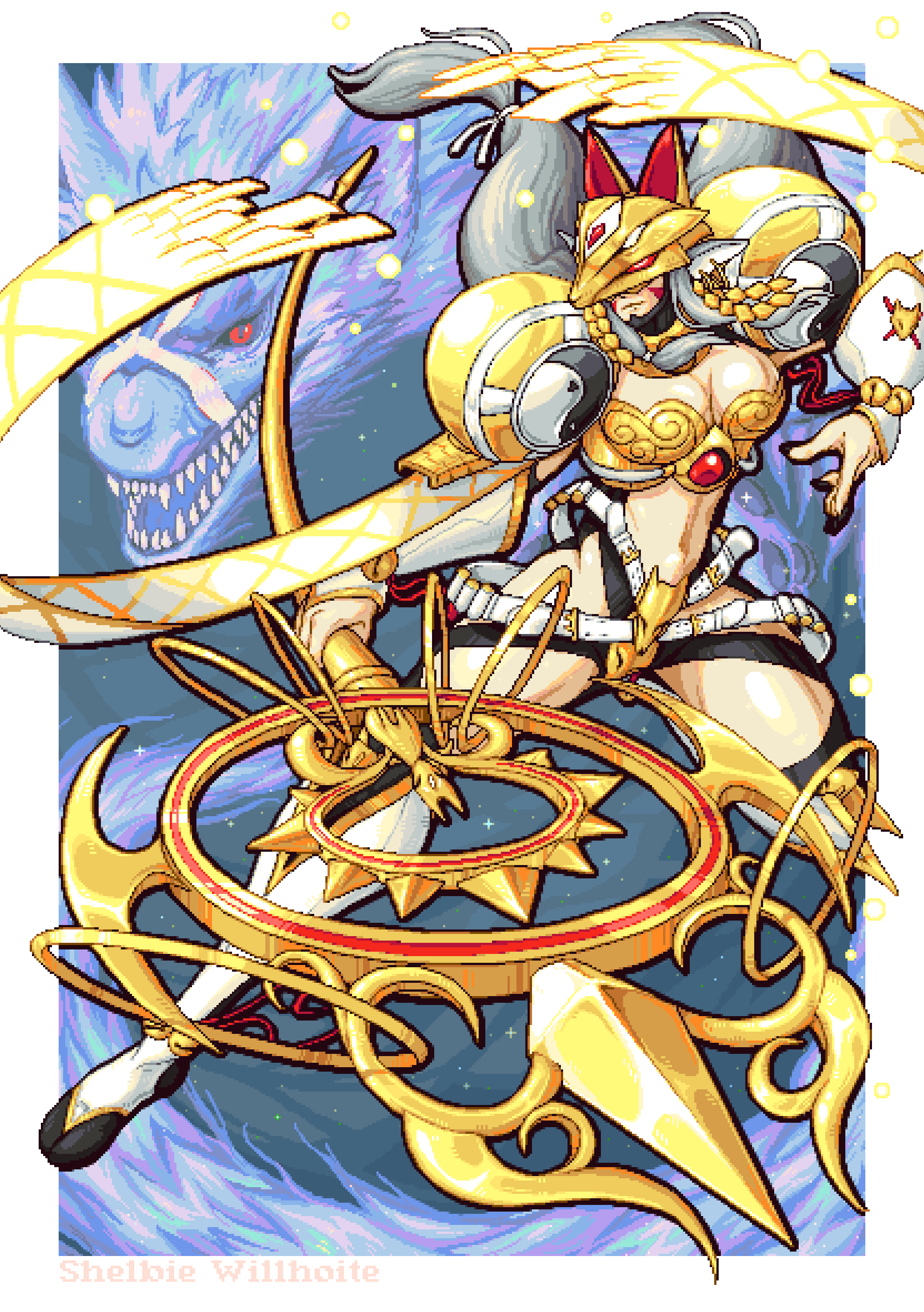 absurdres armor digimon digimon_(creature) earrings fox_mask highres jewelry long_hair low-tied_long_hair mask multiple_earrings nail_polish sakuyamon sakuyamon_x-antibody yin_yang