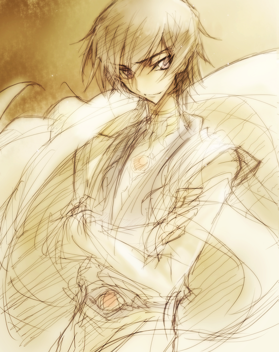 1boy c_(rahit) code_geass crossed_arms lelouch_vi_britannia male_focus monochrome rahit sketch solo