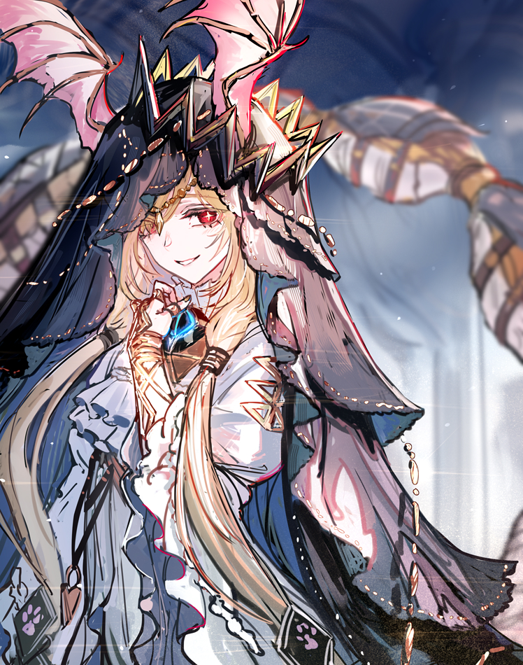 1girl arknights arthropod_girl black_veil blonde_hair commentary_request cross-shaped_pupils grin hand_up head_chain jewelry long_hair looking_at_viewer red_eyes ryuuzaki_ichi scorpion_girl scorpion_tail smile solo symbol-shaped_pupils tail unnamed_manticore_girl_(arknights) veil