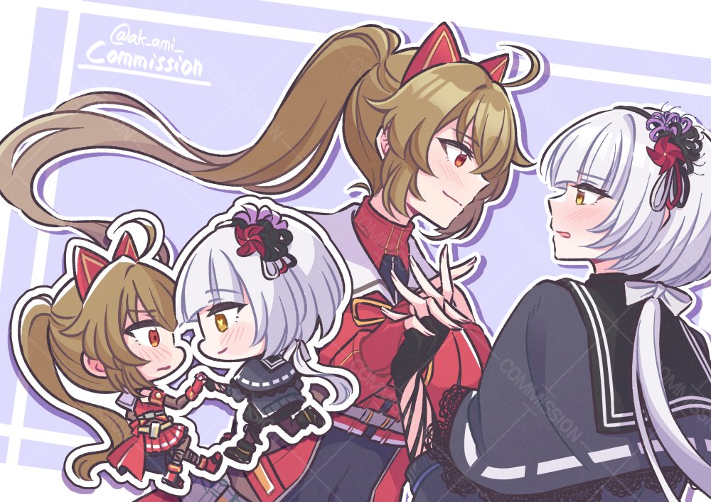 2girls ahoge akamirai animal_ears ankle_strap assault_lily belt_pouch black_boots black_capelet black_flower black_gloves black_hair black_sailor_collar black_shirt black_skirt blue_background blunt_bangs blush boots border bow brown_hair brown_pantyhose buckle capelet cat_ears chest_belt chibi closed_mouth commentary commission crossed_bangs detached_sleeves eye_contact face-to-face fake_animal_ears fingerless_gloves floating_hair flower from_side gloves grey_hair hair_between_eyes hair_bow hair_flower hair_ornament heart heart-shaped_pupils high_ponytail kondou_misaka lace-trimmed_capelet lace_trim leg_up long_hair long_sleeves looking_at_another low_ponytail miniskirt multiple_girls neck_ribbon outline pantyhose parted_lips pleated_skirt ponytail pouch profile purple_flower red_boots red_eyes red_flower red_shirt red_skirt ribbon ribbon-trimmed_capelet ribbon_trim sailor_collar school_uniform serafuku shirt skirt smile snap-fit_buckle standing standing_on_one_leg symbol-shaped_pupils twitter_username two-tone_shirt very_long_hair vgen_commission watermark white_border white_bow white_outline white_sailor_collar yamaguchi_chihiro_(assault_lily) yellow_eyes yellow_ribbon yuri