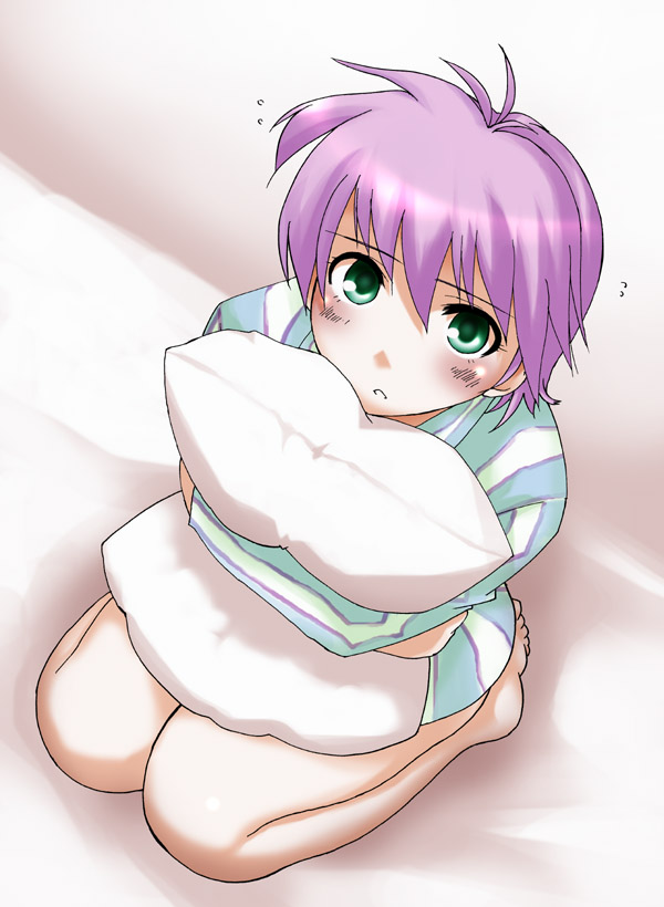1girl blush bottomless female_focus green_eyes hugging_object naked_shirt pillow pillow_hug pink_hair shirt short_hair solo tat tokimeki_memorial tokimeki_memorial_2 yae_kaori