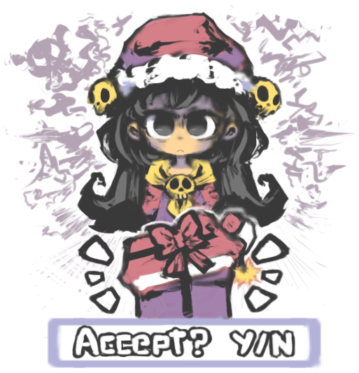 1girl ashley_(warioware) black_eyes black_hair bow brooch closed_mouth commentary dress english_text frown fur-trimmed_headwear fur_trim fuse gift hat inawon jewelry lit_fuse long_hair long_sleeves looking_at_viewer neckerchief nintendo notice_lines red_bow red_dress red_hat skull_and_crossbones skull_brooch solo straight-on symbol-only_commentary warioware white_background yellow_brooch yellow_neckerchief