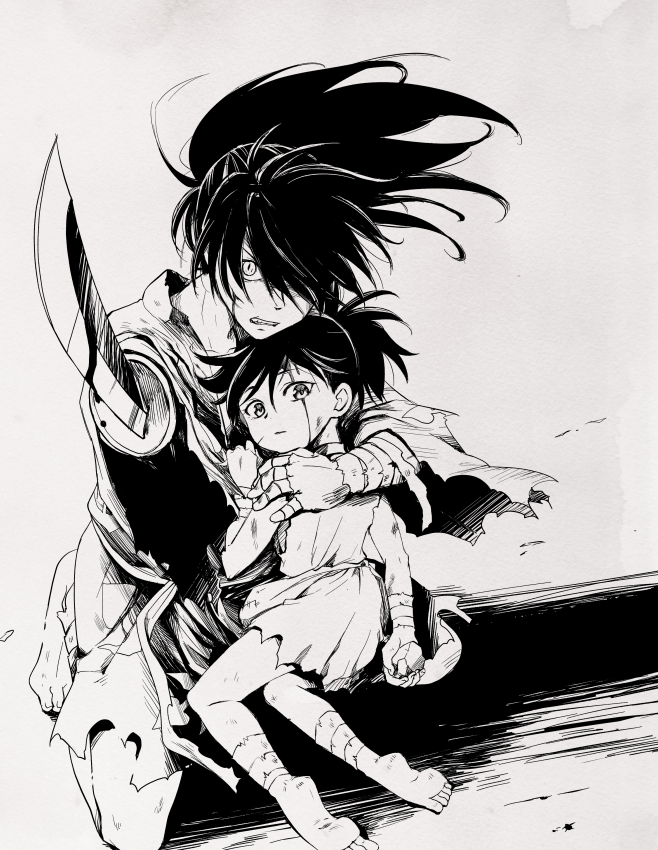 1boy 1girl barefoot blood blood_on_face chigayasan commentary_request dororo_(character) dororo_(tezuka) greyscale hair_over_one_eye hug hyakkimaru_(dororo) injury japanese_clothes kimono monochrome ponytail prosthesis prosthetic_weapon short_hair torn_clothes torn_kimono