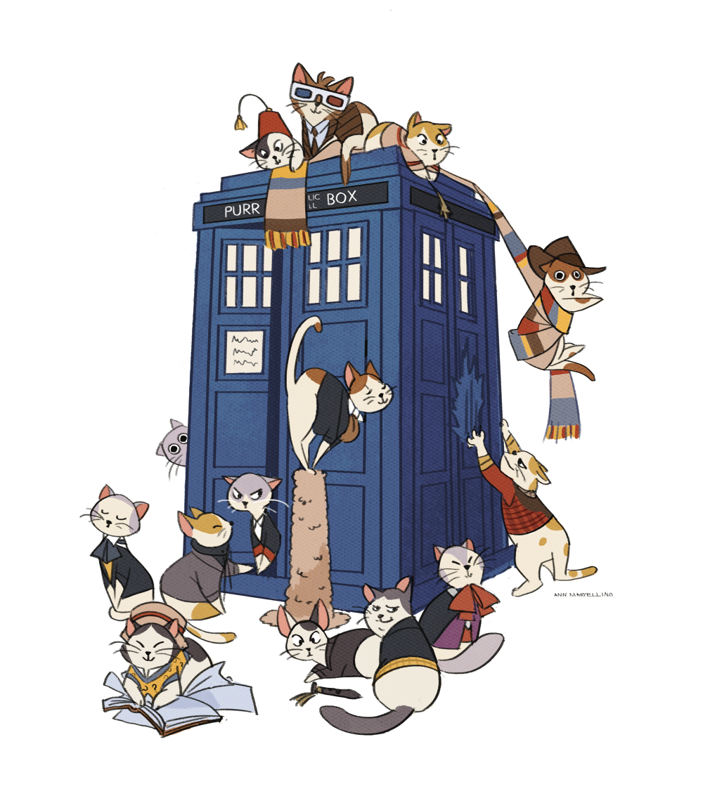 3d_glasses animal animalization ann_marcellino artist_name black_jacket book brown_necktie cat commentary cosplay doctor_who eighth_doctor eighth_doctor_(doctor_who) eleventh_doctor eleventh_doctor_(doctor_who) eleventh_doctor_(doctor_who)_(cosplay) english_commentary fedora fifth_doctor fifth_doctor_(doctor_who) fifth_doctor_(doctor_who)_(cosplay) first_doctor first_doctor_(doctor_who) first_doctor_(doctor_who)_(cosplay) fourth_doctor_(doctor_who) grey_jacket hat jacket multiple_cats neckerchief necktie ninth_doctor ninth_doctor_(doctor_who) ninth_doctor_(doctor_who)_(cosplay) open_book parody plaid_clothes plaid_scarf red_neckerchief scarf scratching scratching_post second_doctor second_doctor_(doctor_who) seventh_doctor seventh_doctor_(doctor_who) simple_background sixth_doctor sixth_doctor_(doctor_who) tardis tenth_doctor tenth_doctor_(doctor_who) the_doctor the_doctor_(doctor_who) third_doctor third_doctor_(doctor_who) thirteenth_doctor thirteenth_doctor_(doctor_who) thirteenth_doctor_(doctor_who)_(cosplay) twelfth_doctor twelfth_doctor_(doctor_who) war_doctor_(doctor_who) white_background