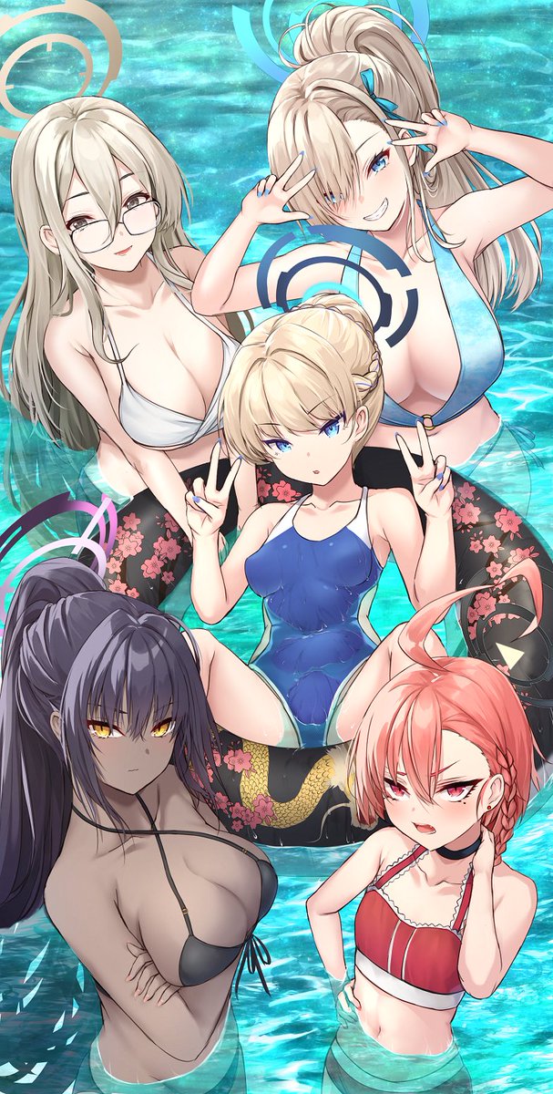 5girls ahoge akane_(blue_archive) asuna_(blue_archive) bikini black_bikini black_hair blonde_hair blue_archive blue_eyes breasts cleaning_&amp;_clearing_(blue_archive) cleavage crossed_arms dark-skinned_female dark_skin double_v glasses grin hair_between_eyes hair_over_one_eye halo highres innertube karin_(blue_archive) large_breasts long_hair looking_at_viewer merxkialis mole mole_under_eye multiple_girls nail_polish neru_(blue_archive) one-piece_swimsuit open_mouth partially_submerged pink_hair ponytail red_eyes small_breasts smile swim_ring swimsuit toki_(blue_archive) v very_long_hair water yellow_eyes