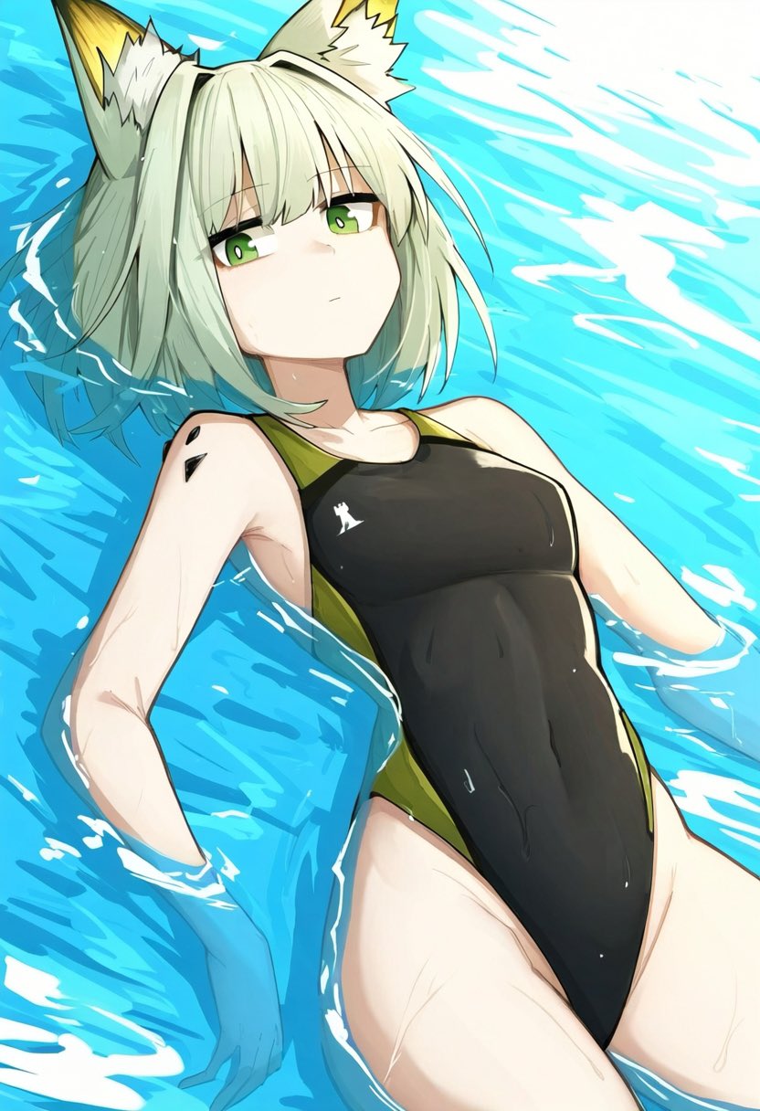 1girl animal_ear_fluff animal_ears arknights black_one-piece_swimsuit bright_pupils closed_mouth covered_navel cowboy_shot day expressionless green_eyes green_hair groin hashtag-only_commentary highleg highleg_one-piece_swimsuit highres kal&#039;tsit_(arknights) looking_at_viewer makigirisu material_growth one-piece_swimsuit oripathy_lesion_(arknights) revision rhodes_island_logo_(arknights) short_hair solo swimsuit water wet white_pupils