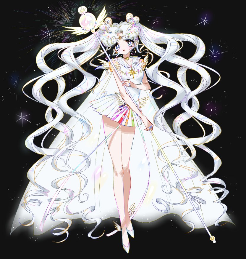 1girl aranotchi bishoujo_senshi_sailor_moon bishoujo_senshi_sailor_moon_stars blue_eyes brooch choker closed_mouth double_bun facial_mark forehead_mark full_body hair_bun hair_ornament heart_hair_bun holding holding_weapon jewelry long_hair magical_girl sailor_collar sailor_cosmos sailor_senshi_uniform solo staff twintails very_long_hair waist_brooch weapon white_choker white_hair white_sailor_collar wing_brooch winged_wand