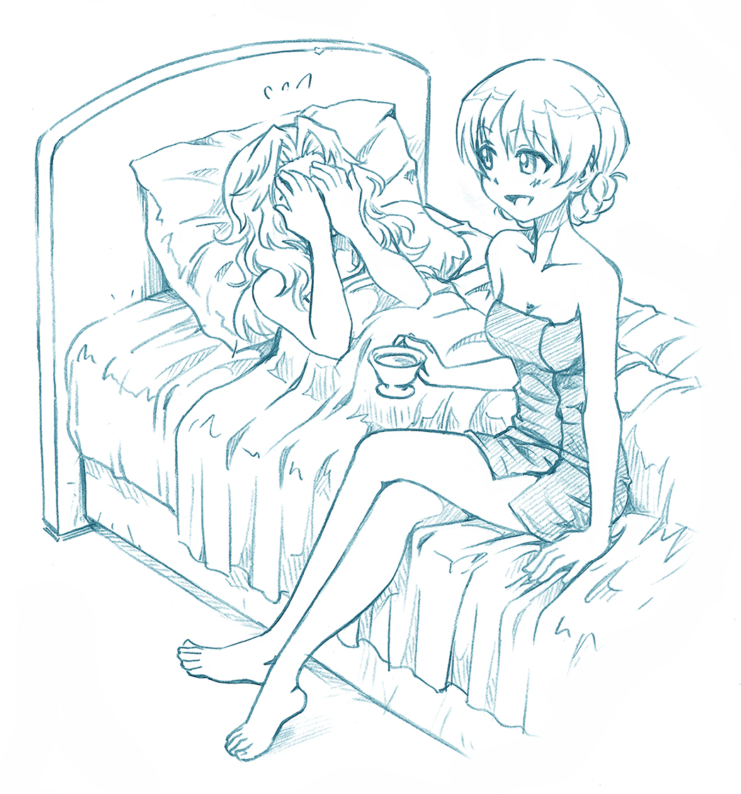 2girls aftersex ballpoint_pen_(medium) bare_arms bare_legs barefoot bbb_(friskuser) bed blanket breasts cleavage collarbone covering_own_eyes covering_own_mouth crossed_legs crying cup darjeeling_(girls_und_panzer) feet full_body girls_und_panzer hair_bun holding holding_cup kay_(girls_und_panzer) legs limited_palette looking_at_another lying medium_breasts medium_hair multiple_girls naked_towel on_back on_bed open_mouth pen_(medium) pillow ruined_for_marriage short_hair single_hair_bun sitting smile teacup toes towel traditional_media