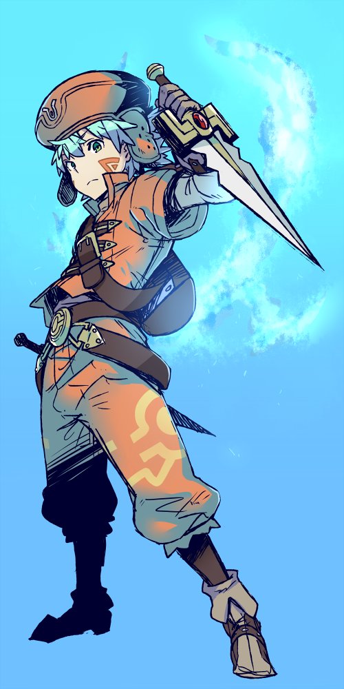 .hack// .hack//g.u. 1boy backpack bag belt belt_buckle blue_hair brown_footwear brown_gloves brown_legwear buckle closed_mouth dual_wielding facial_mark gem gloves green_eyes hans.b hat holding holding_weapon kite_(.hack//) knife light_blue_hair male_focus solo standing weapon