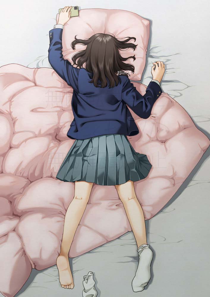 1girl blanket blue_jacket brown_hair cellphone commentary feet full_body grey_skirt jacket long_hair lying mattaku_mousuke on_stomach original phone pillow pleated_skirt signature single_sock skirt smartphone socks soles solo toes unworn_socks white_socks