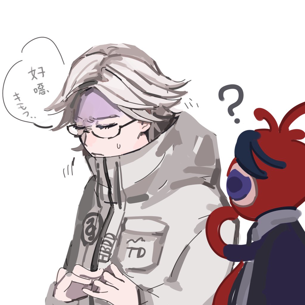 2boys aotsuki_eito black_hair blue_eyes closed_eyes eyelashes glasses jacket japanese_text male_focus multicolored_hair multiple_boys parted_hair red_hair simple_background speech_bubble sumino_takumi sweatdrop the_hundred_line_-last_defense_academy- upper_body white_background white_hair white_jacket