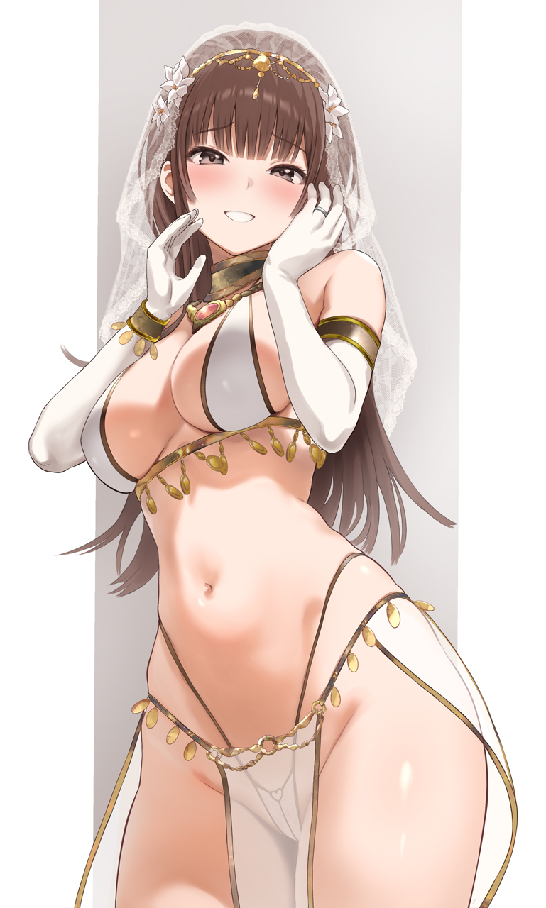 1girl amagami bare_shoulders blush breasts bridal_bikini brown_hair commentary_request elbow_gloves gloves grey_background grey_eyes hands_up highres jewelry kamizaki_risa large_breasts long_hair looking_at_viewer navel pelvic_curtain ring serizawa_(serizawaroom) sideboob simple_background smile solo stomach veil white_gloves