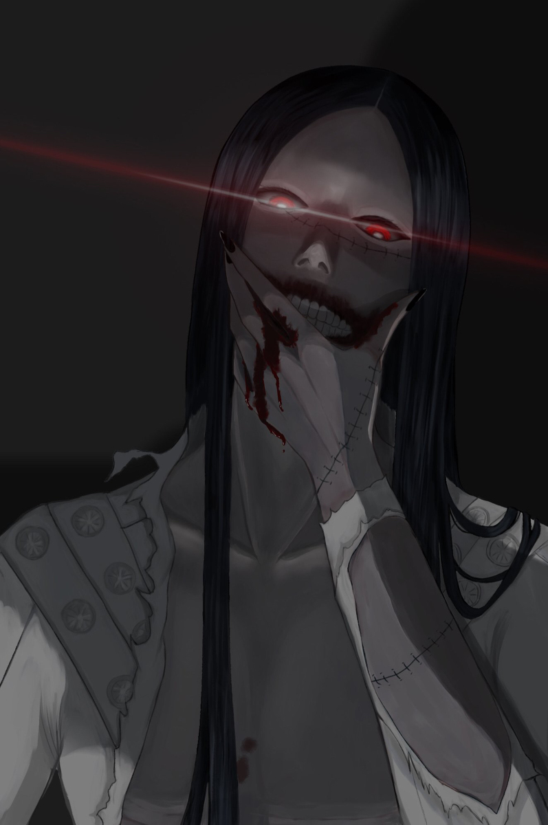 1boy as_nodt black_hair black_nails bleach bleach:_sennen_kessen-hen bleeding blood buttons colored_skin glowing glowing_eye grey_background grey_skin highres jacket missing_limb nail_polish red_eyes stitched_arm stitched_face stitches teeth torn_clothes user_gvzh5524 white_jacket