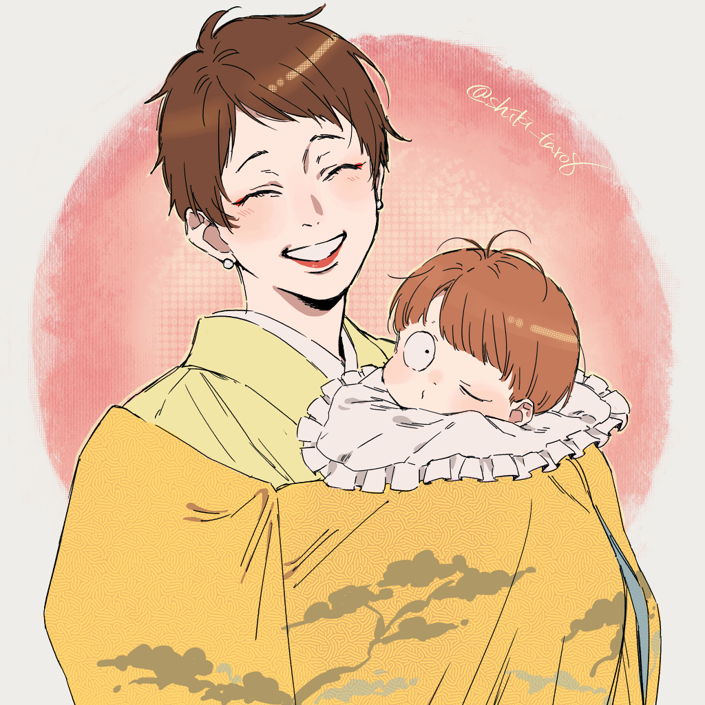 1boy 1girl baby babywearing bib brown_hair earrings facing_viewer gegege_no_kitarou grin happy iwako_(gegege_no_kitarou) japanese_clothes jewelry kimono kitarou kitarou_tanjou:_gegege_no_nazo kunieda_(miniaturegarden) lipstick looking_at_viewer makeup mother_and_son one_eye_closed short_hair smile twitter_username upper_body yellow_kimono