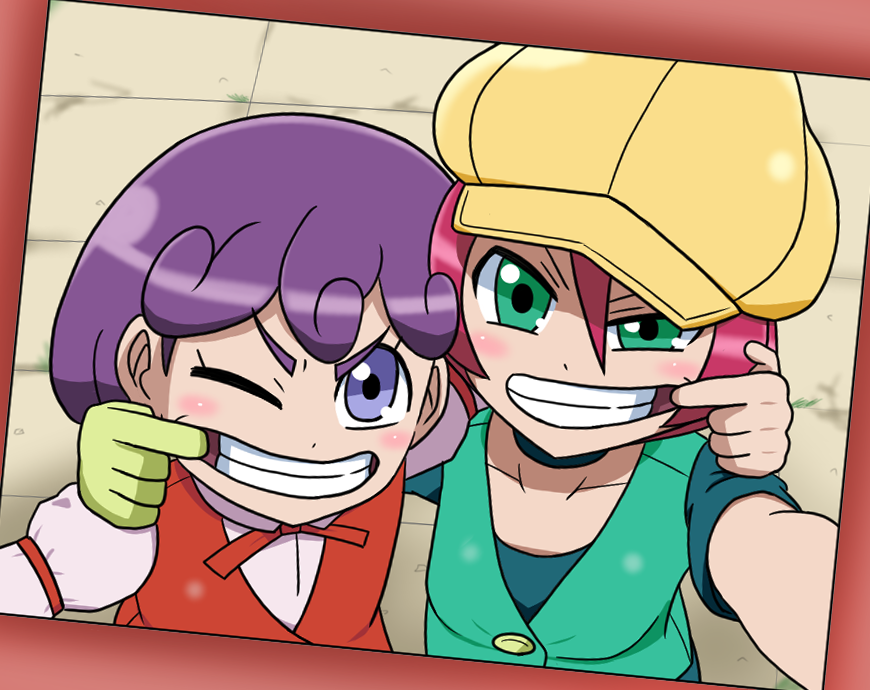 2girls armband blue_eyes bow bowtie burgundy_(pokemon) choker curly_hair flat_cap forced_smile georgia_(pokemon) green_eyes hat headgear long_sleeves mouth_pull multiple_girls nintendo one_eye_closed pokemon pokemon_(anime) pokemon_bw_(anime) purple_eyes purple_hair red_hair selfie short_hair thick_eyebrows vest wink