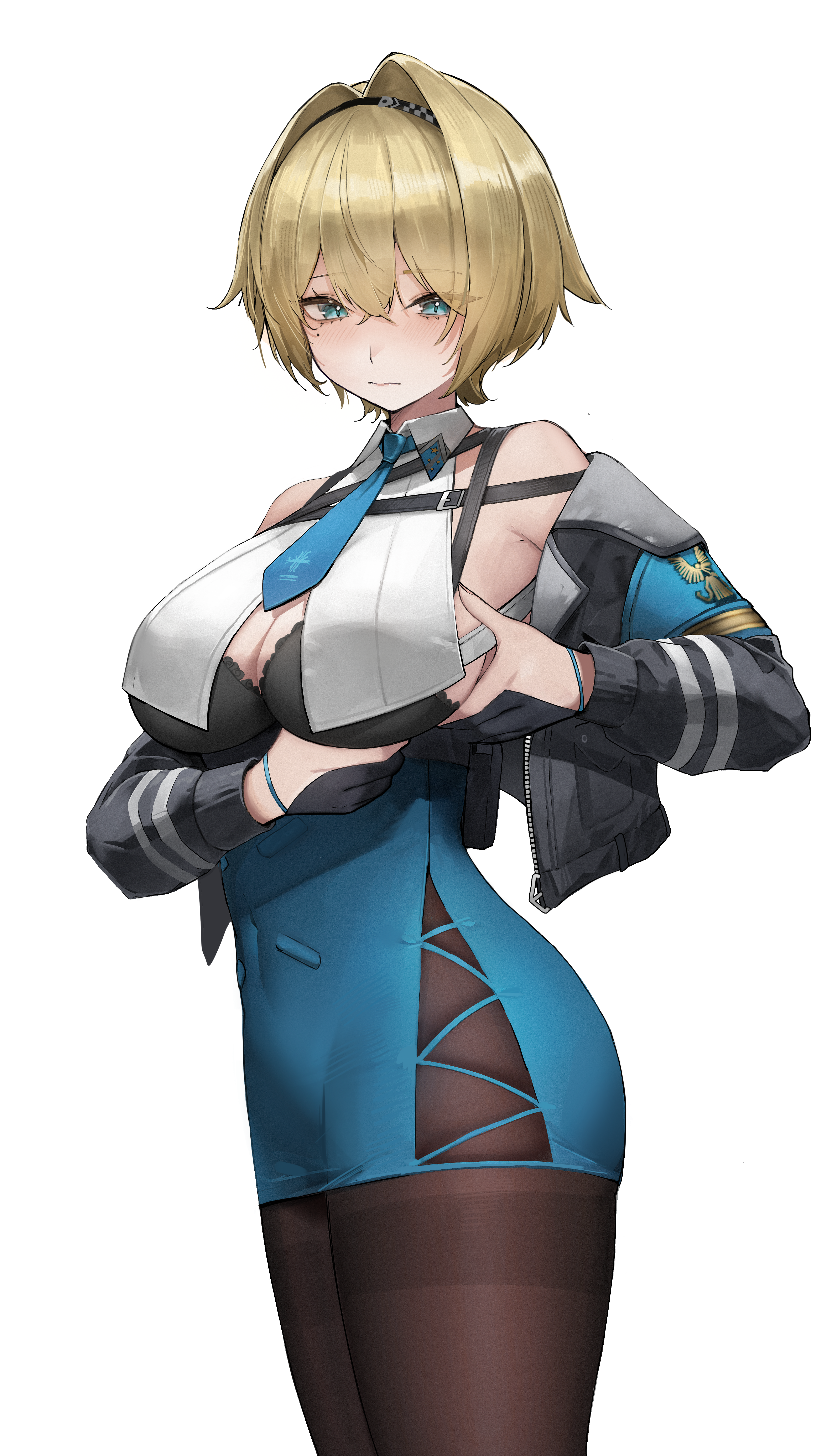 1girl absurdres black_bra black_jacket black_pantyhose blonde_hair blue_necktie blue_skirt blush bra breast_curtains breasts chest_strap cleavage closed_mouth commentary_request covered_navel cropped_jacket cross-laced_clothes cross-laced_skirt girls'_frontline girls'_frontline_2:_exilium hair_intakes highres jacket large_breasts looking_at_viewer mole mole_under_eye necktie nerita_(neritarine) nikketa_(girls'_frontline_2) open_clothes open_jacket pantyhose pencil_skirt short_hair simple_background skirt solo underwear vsk-94_(girls'_frontline) white_background