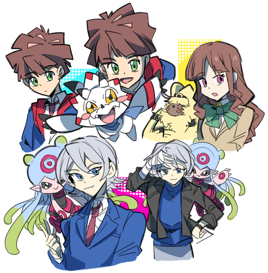1girl 2boys amanokawa_hiro angoramon bandaged_arm bandages blue_eyes digibibim digimon digimon_(creature) digimon_ghost_game dinosaur gammamon higashimitarai_kiyoshiro jellyfish_girl jellymon long_hair monster_girl multiple_boys rabbit short_hair tentacle_hair tentacles triceratops tsukiyono_ruli white_hair