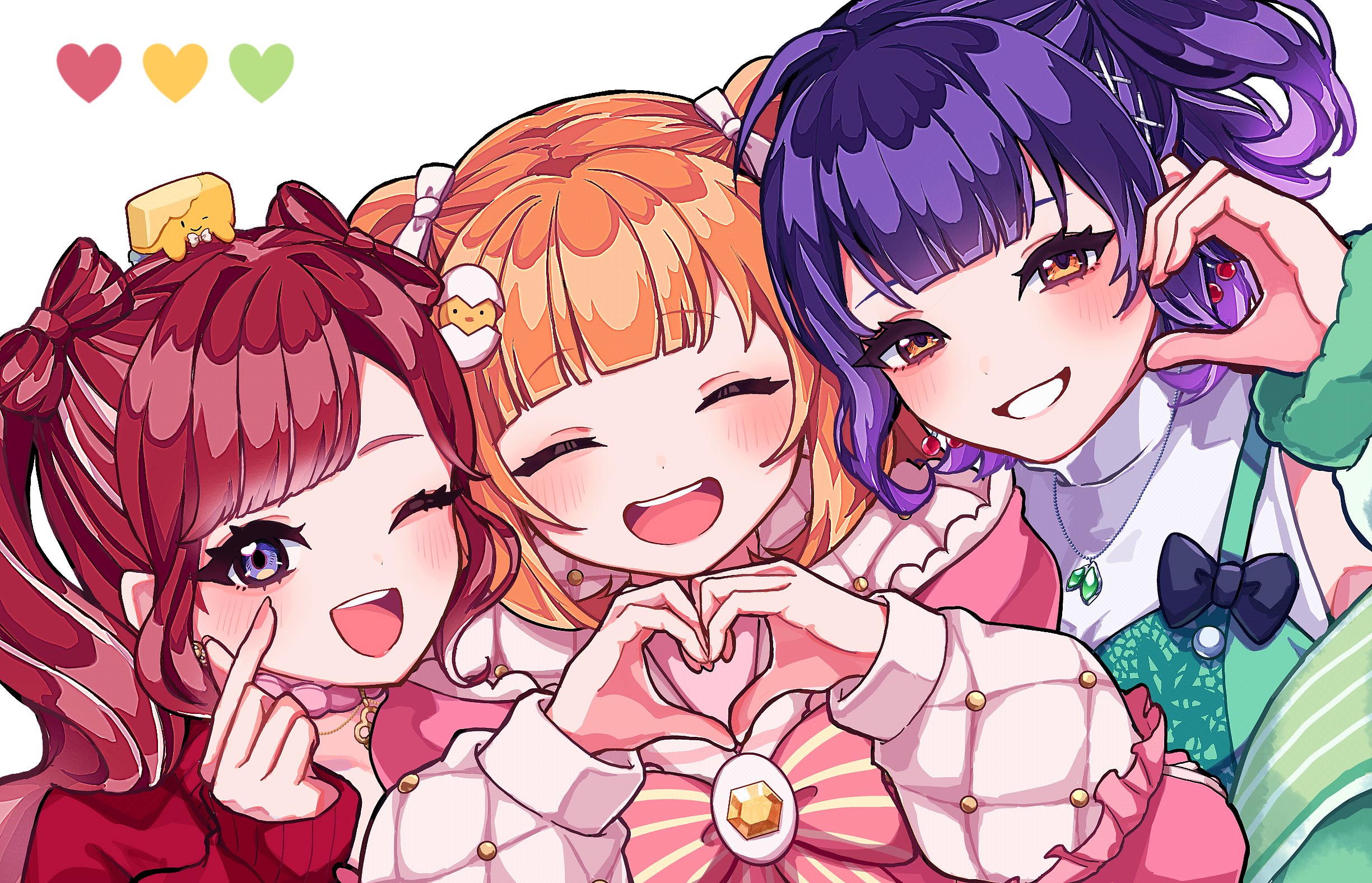 3girls ;d ^_^ ahoge aqua_jacket aqua_shirt black_bow blunt_bangs blush bow bow-shaped_hair bowtie brooch cardigan cherry_earrings choker closed_eyes commentary_request double-parted_bangs earrings egg_hair_ornament eyelashes finger_heart fingernails food-themed_earrings food-themed_hair_ornament food_themed_earrings frilled_sleeves frills fur_jacket gem grin hair_ornament hair_ribbon hand_up hands_up heart heart_hands highres jacket jewelry kirara_tamako kirara_tamako_(2nd_costume) long_hair long_sleeves looking_at_viewer moemoebi multicolored_hair multicolored_jacket multiple_girls nail_polish nanase_suzuna nanase_suzuna_(2nd_costume) necklace nijisanji official_alternate_costume one_eye_closed open_clothes open_jacket open_mouth orange_eyes orange_hair parted_bangs pink_bow pink_bowtie pink_choker pink_jacket pink_nails puffy_long_sleeves puffy_sleeves purple_eyes purple_hair red_cardigan red_hair ribbon saotome_berry saotome_berry_(2nd_costume) shirt short_hair sidelocks simple_background sleeveless sleeveless_shirt sleeves_past_wrists smile spaghetti_strap streaked_hair teeth turtleneck twintails two-tone_jacket two_side_up upper_body upper_teeth_only virtual_youtuber wavy_hair white_background white_hair white_jacket white_ribbon white_shirt x_hair_ornament yellow_gemstone