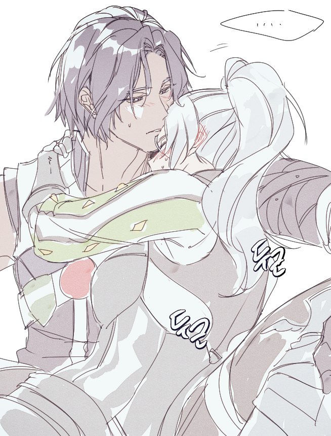 1boy 1girl armor blush couple hug kiss long_hair mabinogi pihne ponytail rian_(bdl) simple_background