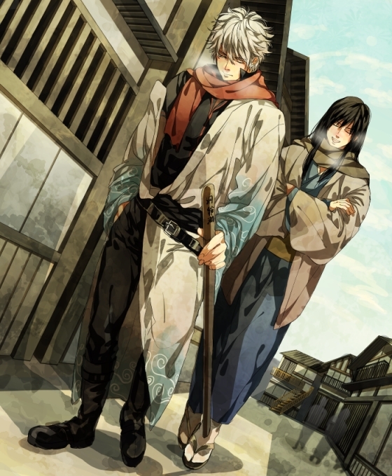 2boys black_boots black_hair black_pants black_shirt blue_sky boots closed_eyes gintama holding holding_weapon japanese_clothes katsura_kotarou kimono long_hair long_sleeves male_focus multiple_boys natsuchiku pants red_scarf sakata_gintoki sandals scarf shirt short_hair sky socks walking weapon white_hair white_kimono white_socks