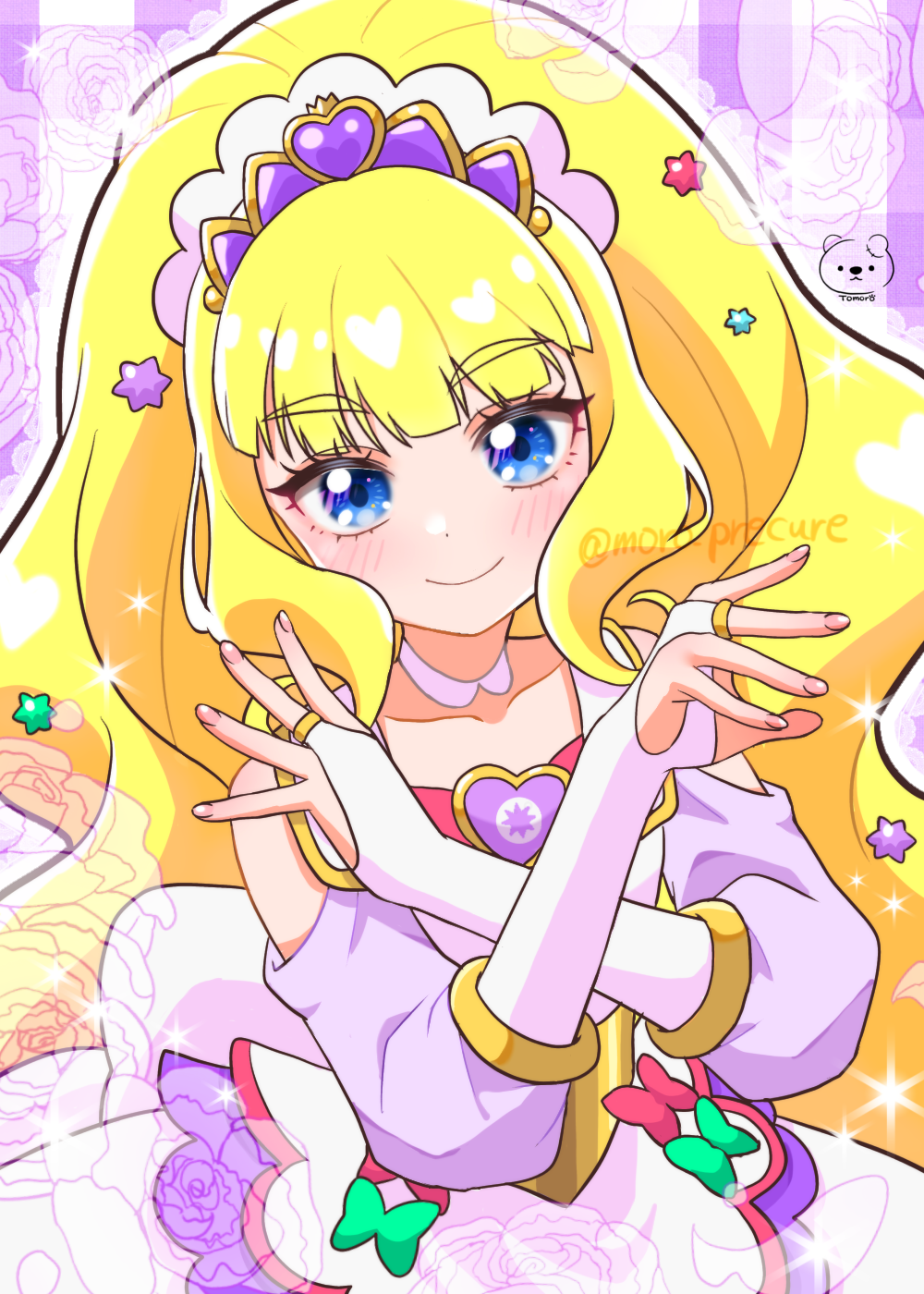 1girl artist_logo artist_name blonde_hair blue_eyes blush brooch closed_mouth cure_finale delicious_party_precure detached_sleeves dress fingerless_gloves gloves heart heart_brooch jewelry kasai_amane logo long_hair magical_girl moro_precure multicolored_dress precure solo tiara twitter_username very_long_hair white_gloves