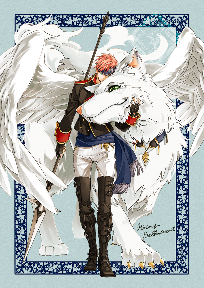 1boy bellminant_(fallen_kings) black_boots black_gloves blue_headband boots character_name fikasu_(higekunee) fingerless_gloves gloves green_eyes headband heinz_lottner long_sleeves pants pixiv_fantasia pixiv_fantasia_fallen_kings red_hair solo standing white_pants wings wrist_cuffs