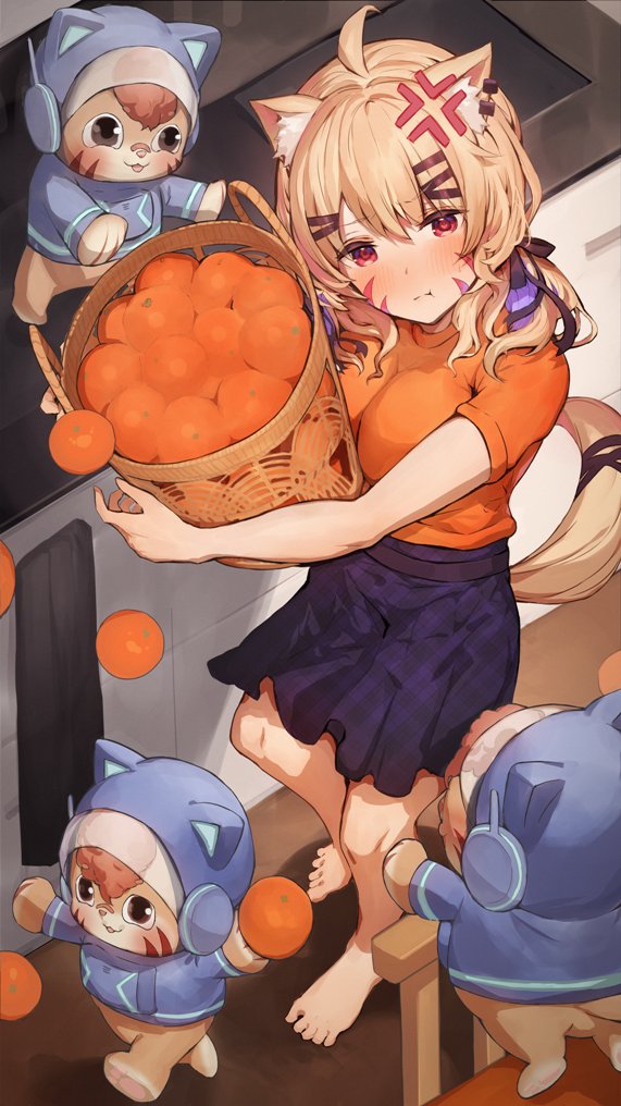 1girl 3others ahoge anger_vein animal_ear_fluff animal_ears barefoot basket blonde_hair blush breasts cat_ears cat_girl cat_tail colored_inner_hair commission facial_mark food fruit holding holding_basket indie_virtual_youtuber long_hair looking_at_viewer medium_breasts multicolored_hair multiple_others orange_(fruit) orange_shirt pokatto_(squchan) purple_hair red_eyes second-party_source shirt shyrei_faolan skeb_commission skirt tail takeno_(hashi_falcon) two-tone_hair virtual_youtuber whisker_markings