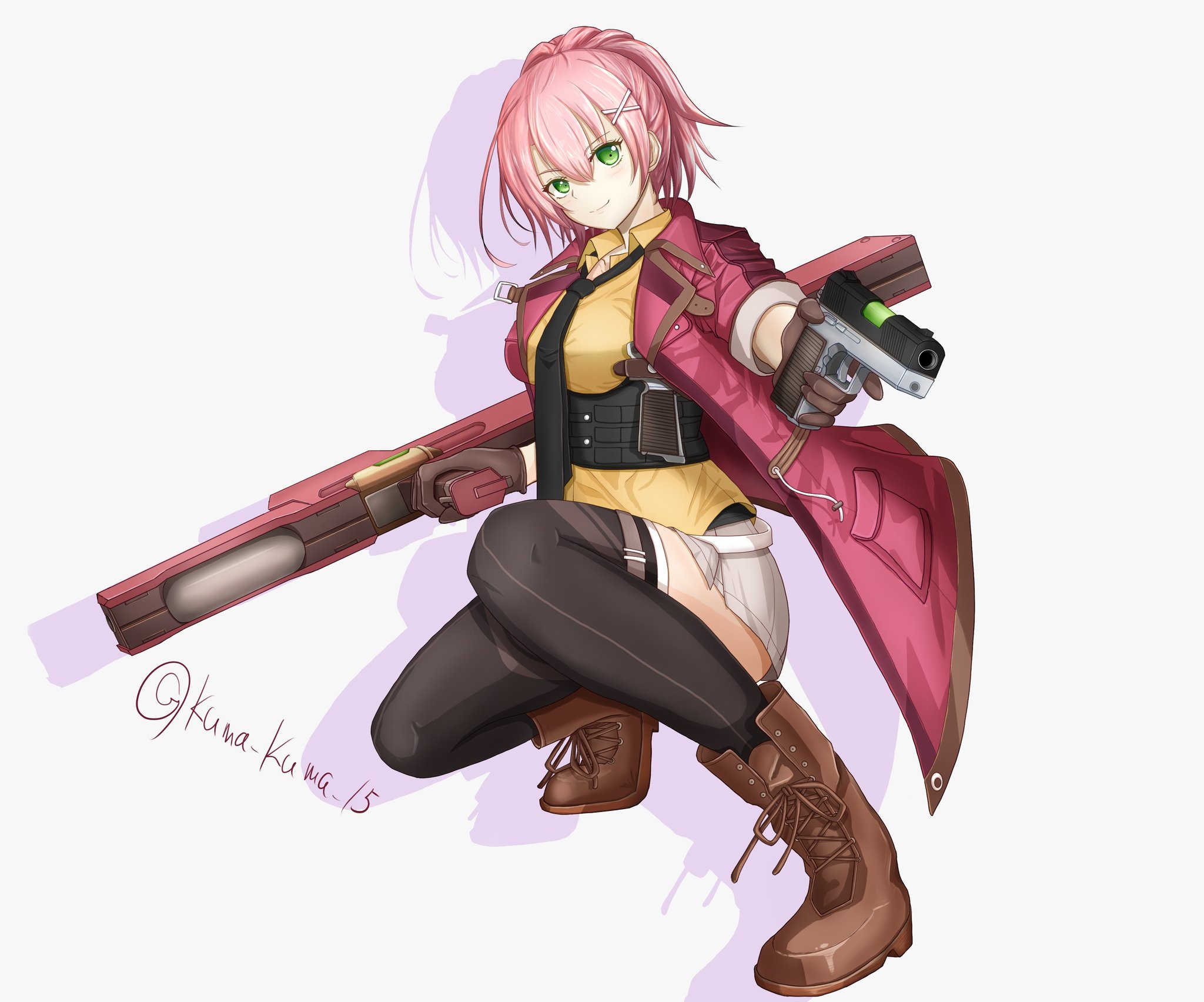 black_necktie boots breasts brown_gloves double-parted_bangs dual_wielding eiyuu_densetsu full_body gloves green_eyes grey_background gun hair_between_eyes hajimari_no_kiseki handgun highres holding holding_gun holding_weapon jacket juna_crawford kuma_kuma_15 large_breasts looking_at_viewer necktie pink_hair sen_no_kiseki sen_no_kiseki_(series) sen_no_kiseki_iv shadow short_hair shorts simple_background smile squatting thighhighs tonfa twitter_username weapon