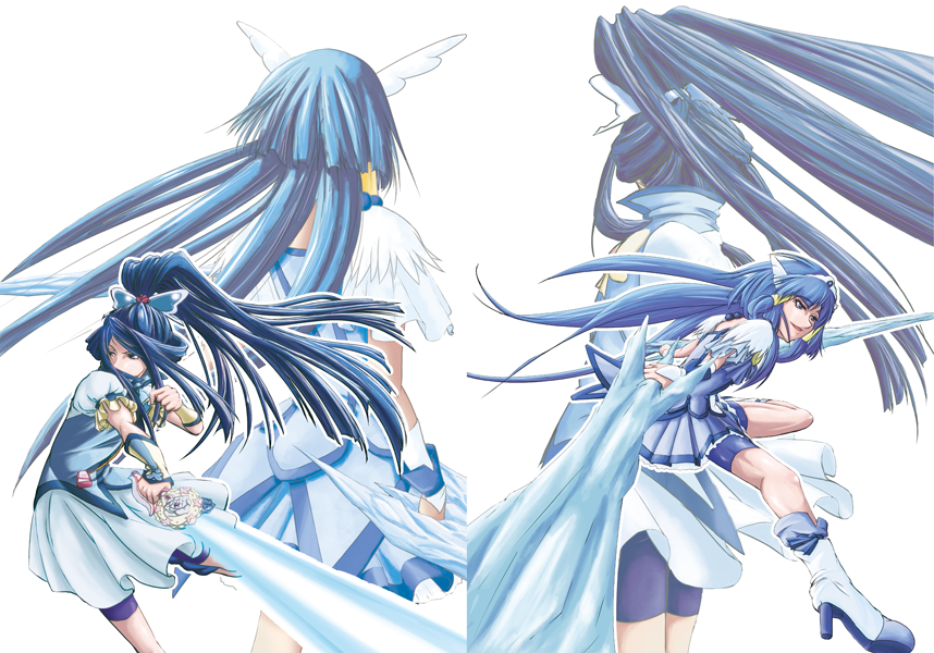 00s 10s 2girls aoki_reika bike_shorts blue_dress blue_eyes blue_hair blue_shorts blue_skirt blue_theme boots brooch butterfly_hair_ornament choker color_connection crystal_sword cure_aqua cure_beauty dress energy_sword hair_ornament hair_tubes head_wings high_heels ice jewelry long_hair magical_girl minazuki_karen multiple_girls ponytail precure puffy_sleeves ribbon shoes shorts shorts_under_skirt simple_background skirt smile_precure! sword thana tiara weapon white_background wide_ponytail wings wrist_cuffs yes!_precure_5 yes!_precure_5_gogo!