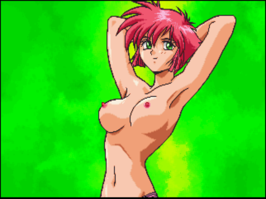 1girl armpits arms_up breasts green_background green_eyes kaoru_(mahjong_hyper_reaction_r) mahjong_hyper_reaction_r nipples panties pink_panties red_hair sammy topless_female underwear