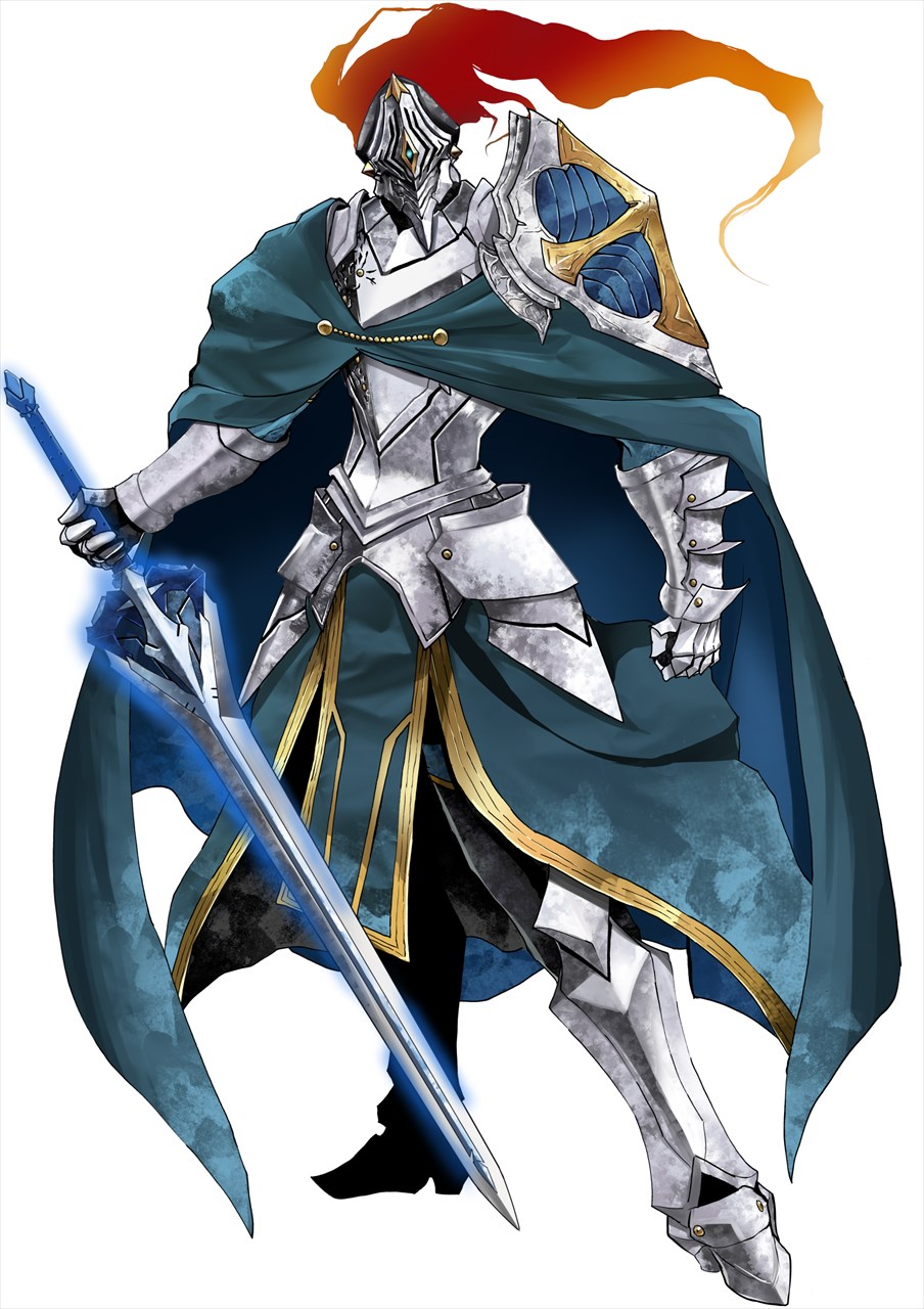 1boy armor cape commentary_request fate/grand_order fate_(series) full_armor full_body gauntlets gawain_(fate) glowing glowing_weapon greaves green_cape green_skirt helmet highres holding holding_sword holding_weapon kawabata_yoshihiro male_focus pelvic_curtain single_shoulder_pad skirt solo sword weapon