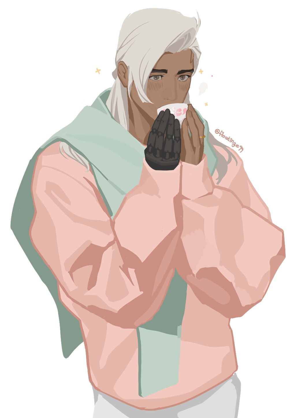 1boy alternate_costume arms_up blush brown_eyes commentary covered_mouth dark-skinned_male dark_skin floatinge99 green_scarf hair_behind_ear highres jewelry lifeweaver_(overwatch) long_hair long_sleeves looking_ahead male_focus overwatch overwatch_2 pants pink_sweater prosthesis prosthetic_arm puff_of_air ring scarf solo sweater symbol-only_commentary twitter_username white_hair white_pants