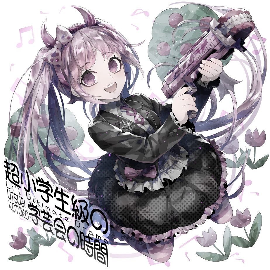 1girl apple apple_tree black_jacket black_skirt black_sleeves blazer bow brooch buttons character_name coattails collared_shirt commentary_request danganronpa_(series) danganronpa_another_episode:_ultra_despair_girls dentures eyelashes floating_hair flower food frilled_shirt frilled_skirt frilled_sleeves frills fruit full_body gun hairband holding holding_gun holding_weapon horn_bow horn_hairband horn_ornament horns jacket jewelry kneeling light_particles long_hair long_sleeves looking_at_viewer miniskirt musical_note necktie open_clothes open_jacket open_mouth pantyhose pink_bow pink_eyes pink_hair pink_hairband pink_horns pink_necktie pink_pantyhose pink_shoes polka_dot polka_dot_bow polka_dot_skirt red_shoes shirt shoes skirt smile solo striped_clothes striped_pantyhose teeth tree tulip twintails two-tone_pantyhose u_u_ki_u_u upper_teeth_only utsugi_kotoko very_long_hair weapon white_background white_bow white_pantyhose white_shirt